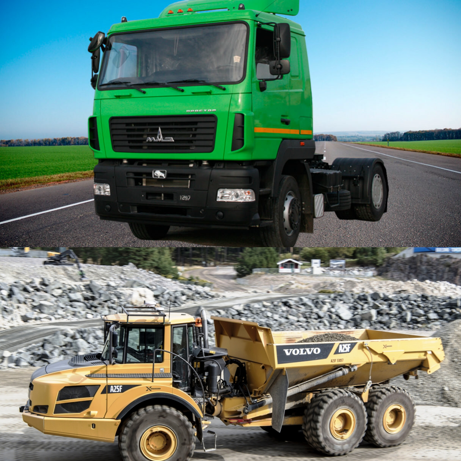 Карьерный самосвал VOLVO и МАЗ 5440, с которой совместим масляный фильтр NF1063 от НЕВСКОГО ФИЛЬТРА Карьерный самосвал VOLVO и МАЗ 5440, с которой совместим масляный фильтр NF1063 от НЕВСКОГО ФИЛЬТРА